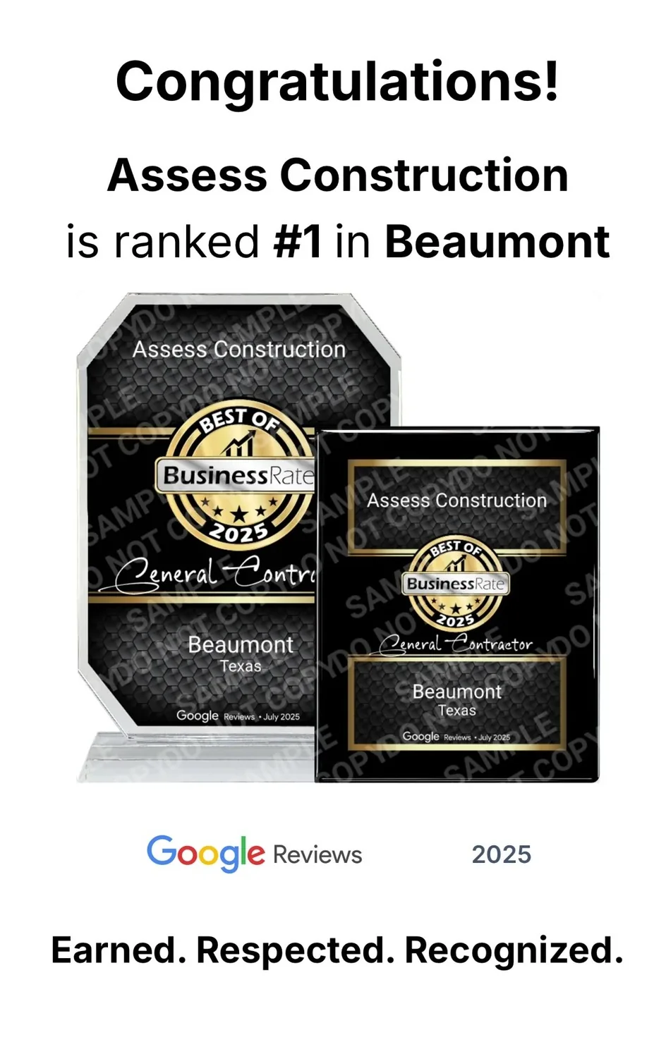 Assess Construction ranked number one in Beaumont by BusinessRate based on Google Reviews, 2025